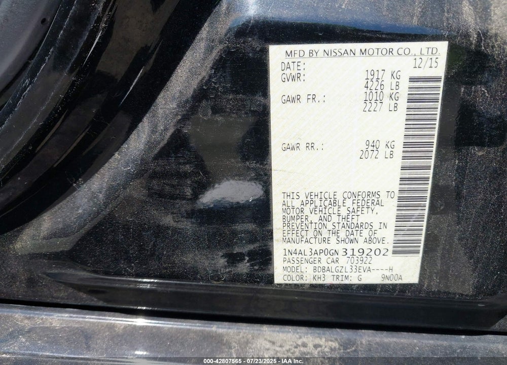 2016 NISSAN ALTIMA VIN: 1N4AL3AP0GN319202