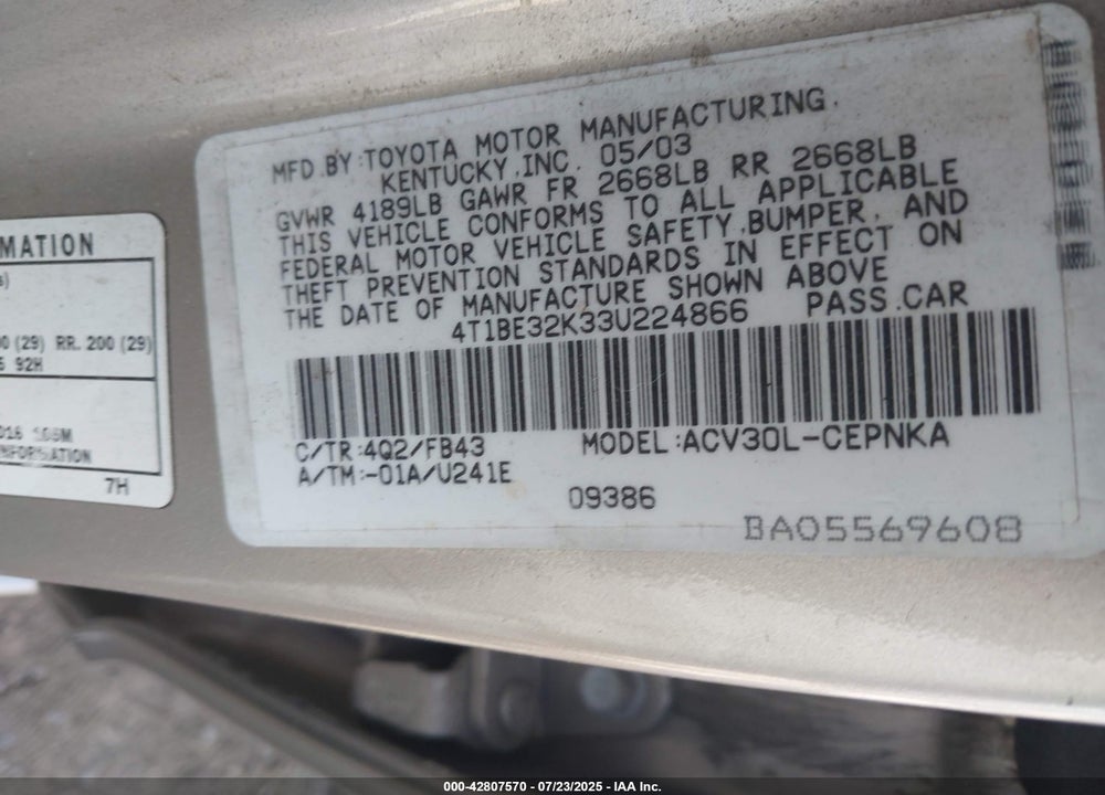 2003 TOYOTA CAMRY LE VIN: 4T1BE32K33U224866