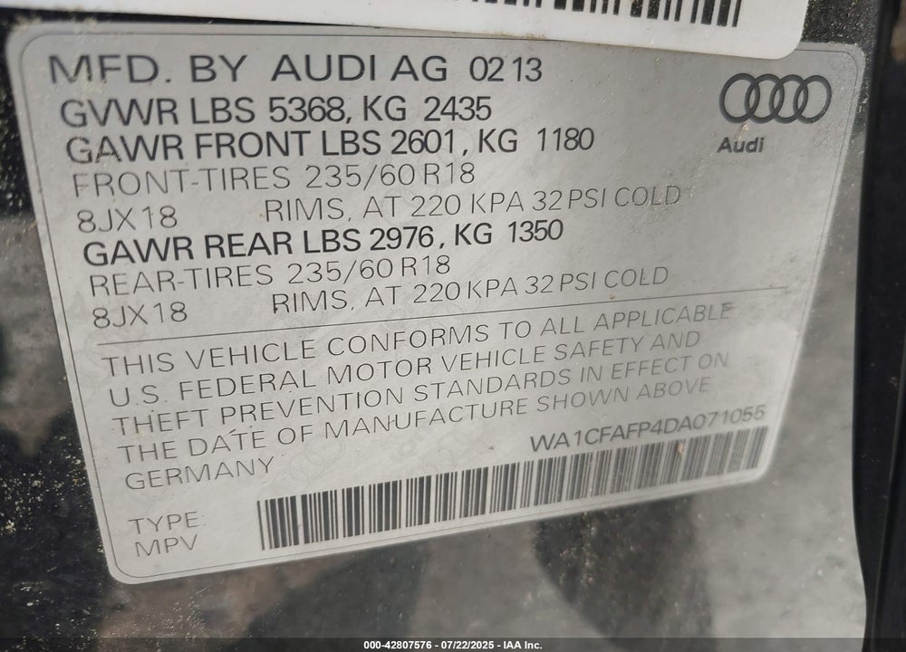 2013 AUDI Q5 VIN: WA1CFAFP4DA071055
