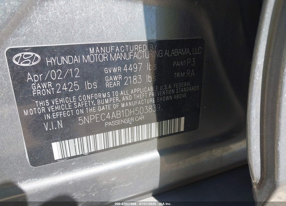 2013 HYUNDAI SONATA VIN: 5NPEC4AB1DH503839