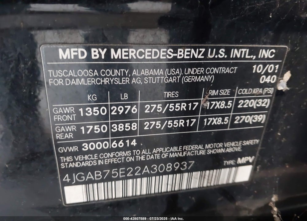 2002 MERCEDES-BENZ ML 500 VIN: 4JGAB75E22A308937