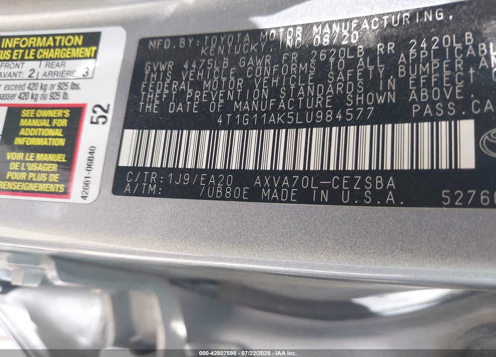 2020 TOYOTA CAMRY VIN: 4T1G11AK5LU984577