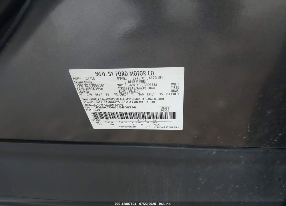 2018 FORD EXPLORER VIN: 1FM5K7D86JGB38798
