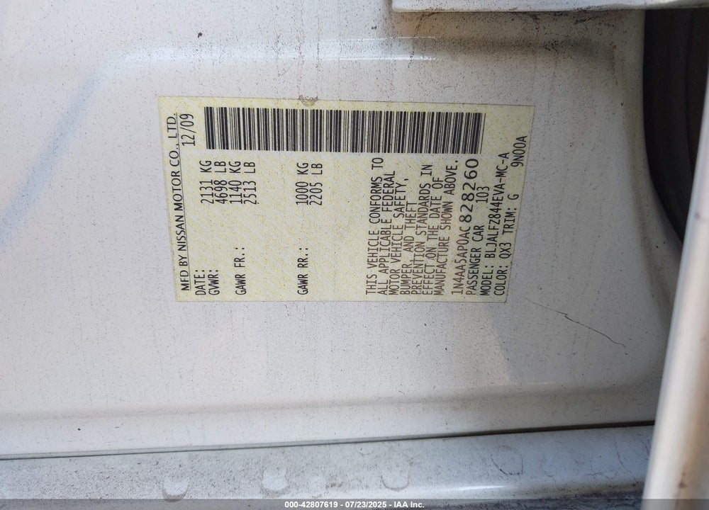 2010 NISSAN MAXIMA VIN: 1N4AA5AP0AC828260
