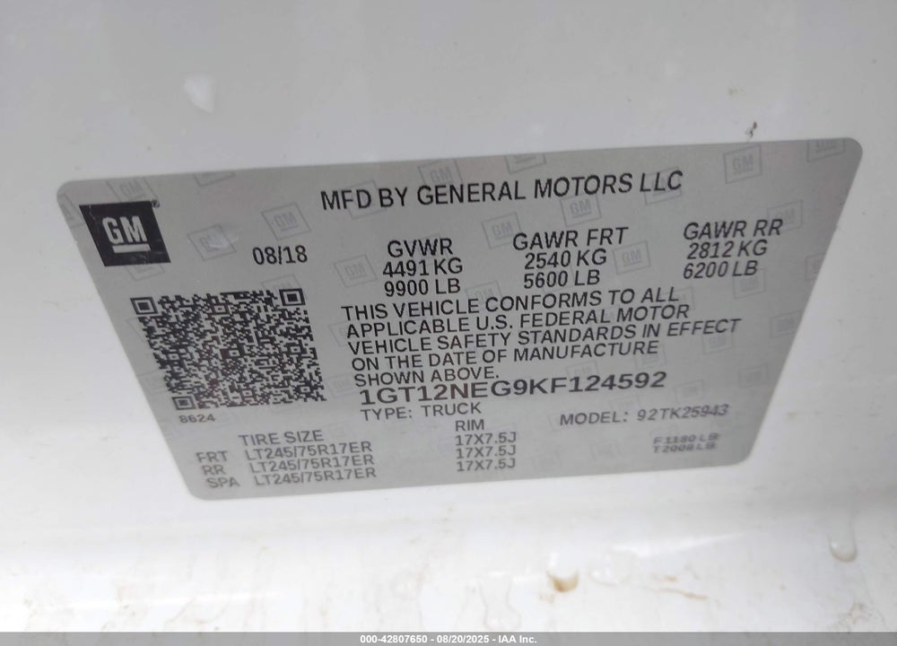 2019 GMC SIERRA VIN: 1GT12NEG9KF124592