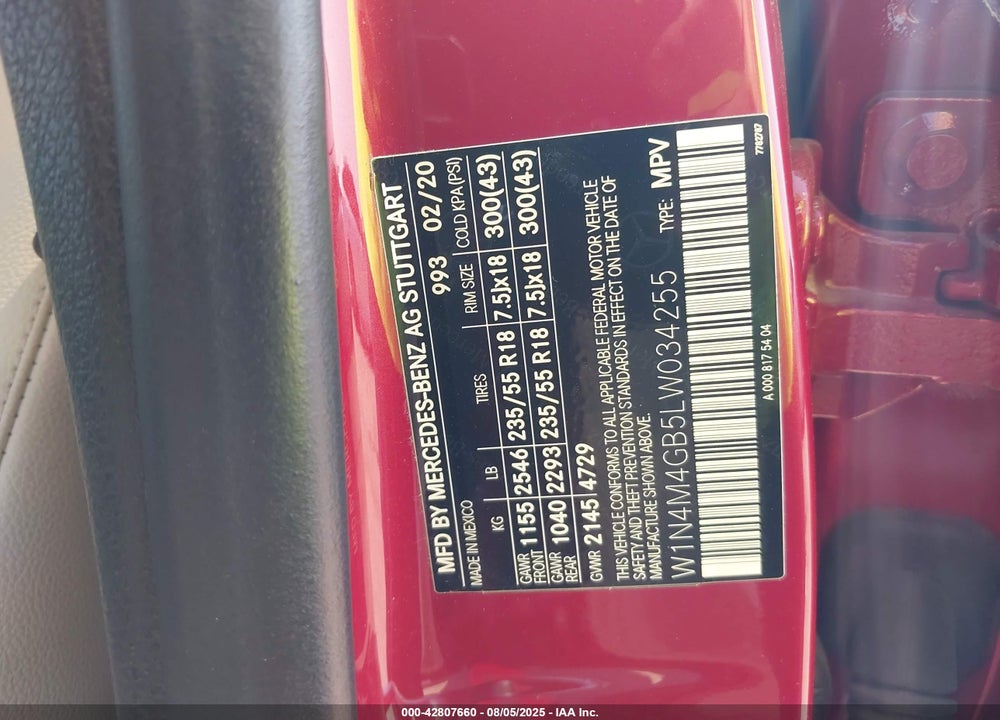 2020 MERCEDES-BENZ GLB-CLASS VIN: W1N4M4GB5LW034255
