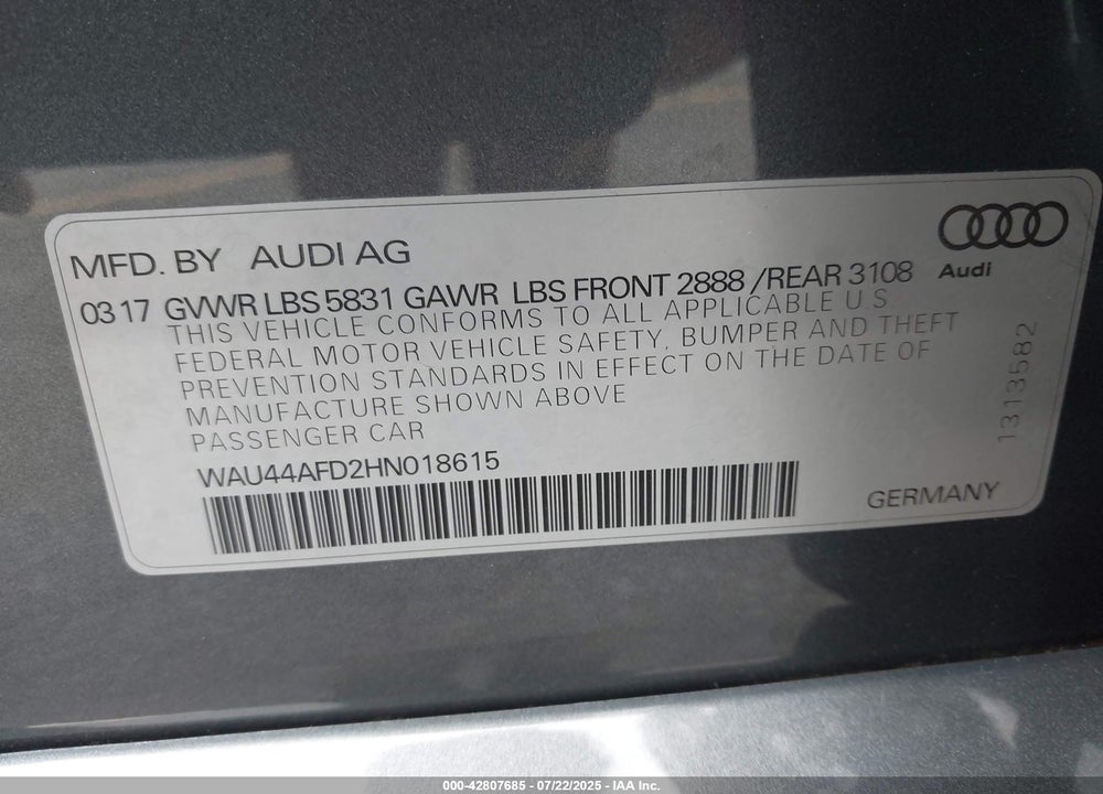 2017 AUDI A8 L VIN: WAU44AFD2HN018615