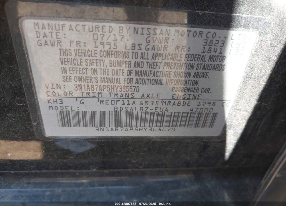 2017 NISSAN SENTRA VIN: 3N1AB7AP5HY365670