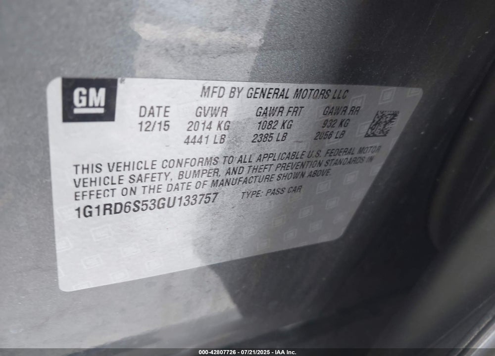 2016 CHEVROLET VOLT PREMIER VIN: 1G1RD6S53GU133757