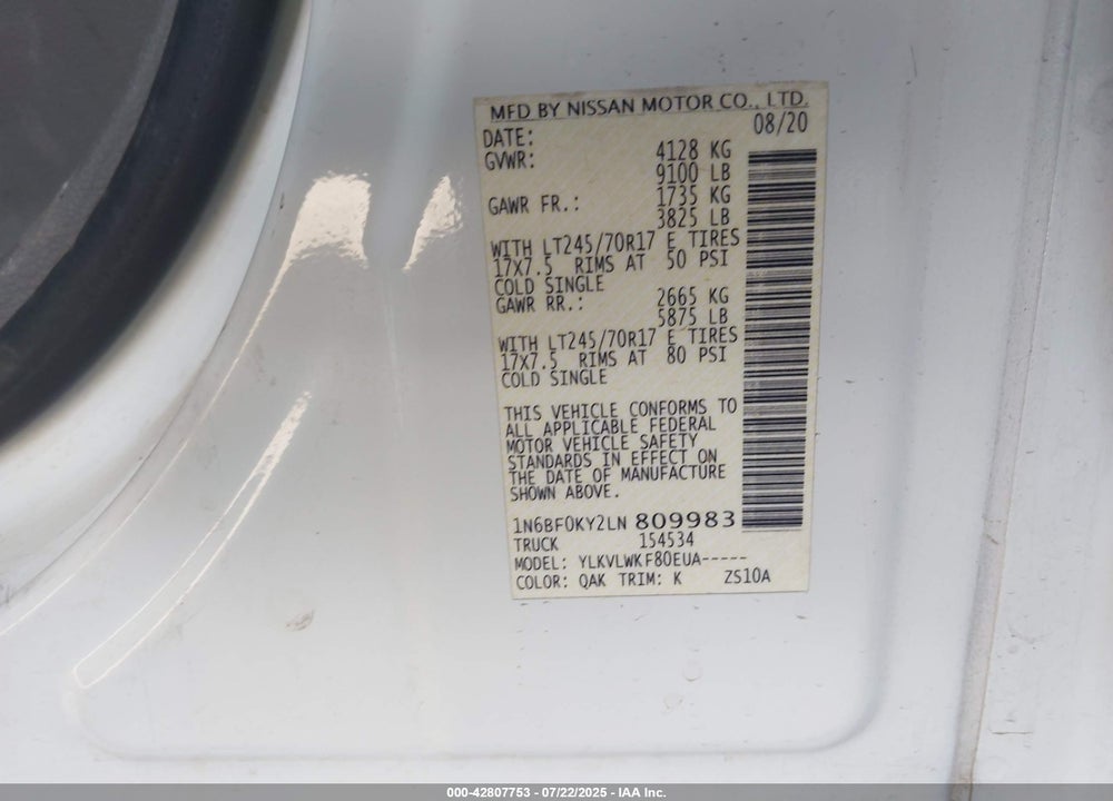 2020 NISSAN NV CARGO NV2500 HD S STANDARD ROOF V6 VIN: 1N6BF0KY2LN809983