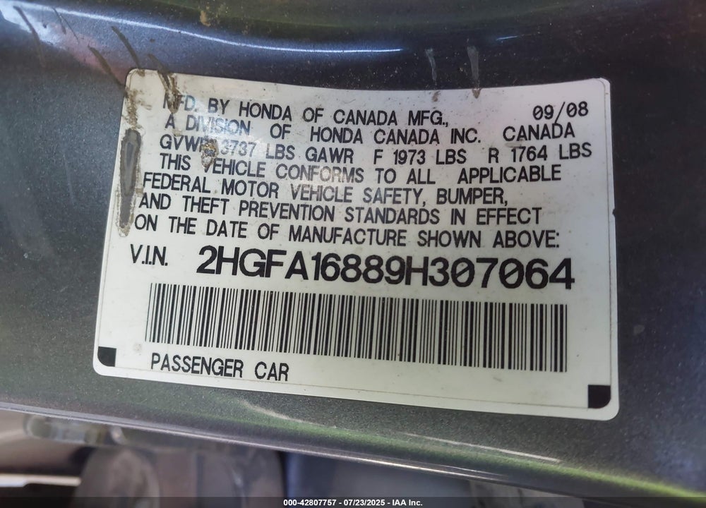 2009 HONDA CIVIC EX VIN: 2HGFA16889H307064
