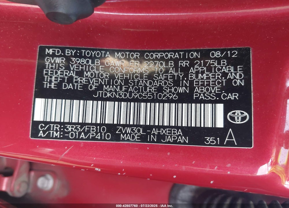 2012 TOYOTA PRIUS TWO VIN: JTDKN3DU9C5510296