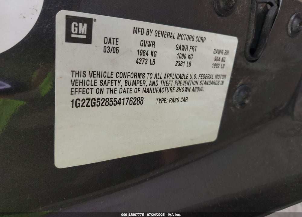 2005 PONTIAC G6 VIN: 1G2ZG528554176288