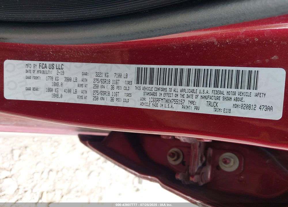 2019 RAM 1500 VIN: 1C6SRFMTXKN755157