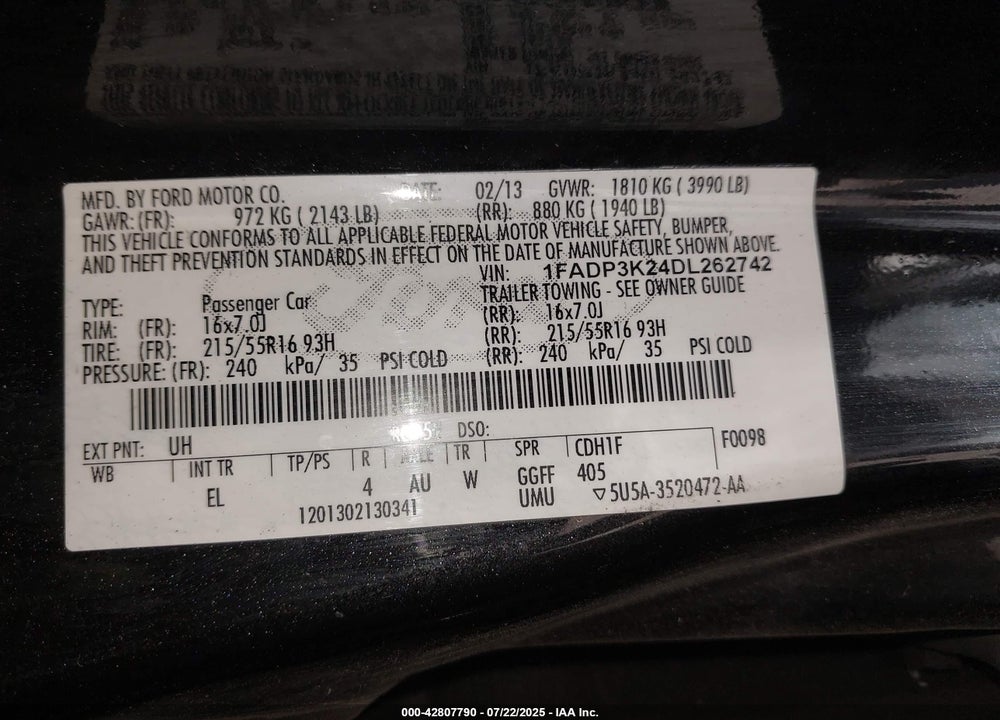 2013 FORD FOCUS VIN: 1FADP3K24DL262742