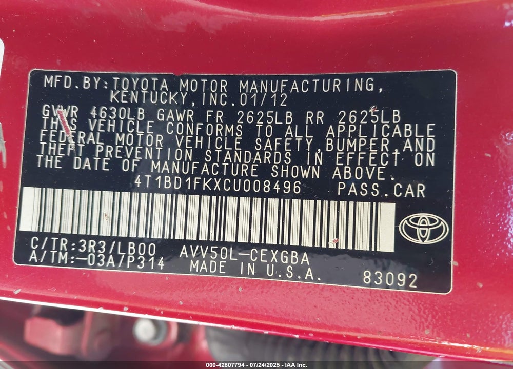 2012 TOYOTA CAMRY HYBRID XLE VIN: 4T1BD1FKXCU008496