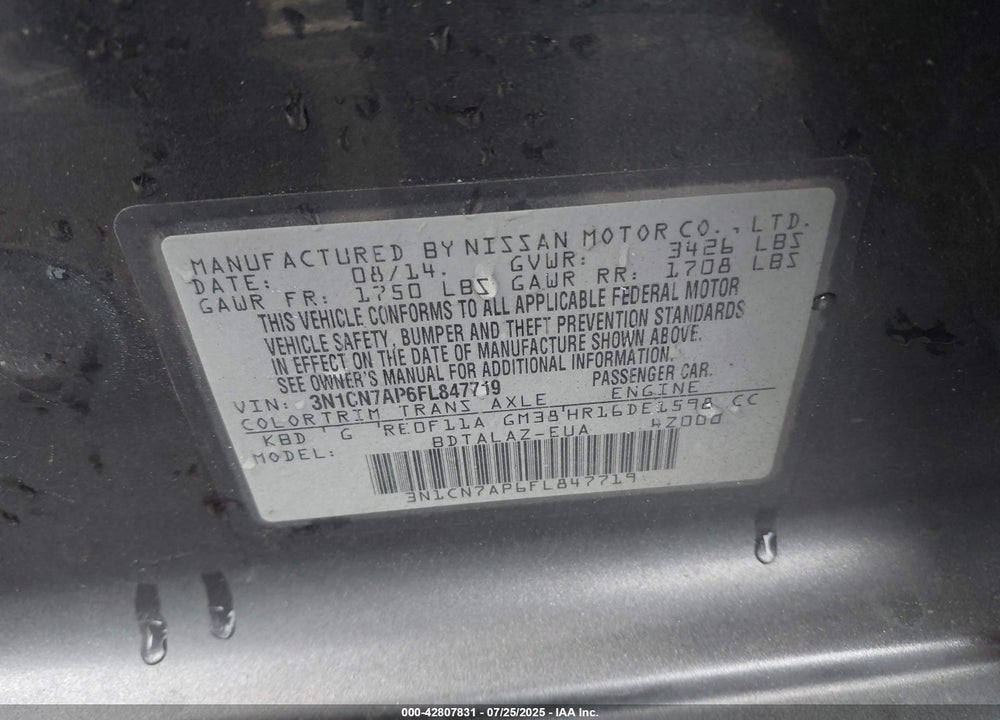 2015 NISSAN VERSA 1.6 S+ VIN: 3N1CN7AP6FL847719