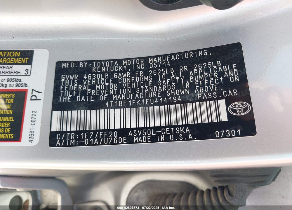 2014 TOYOTA CAMRY VIN: 4T1BF1FK1EU414194
