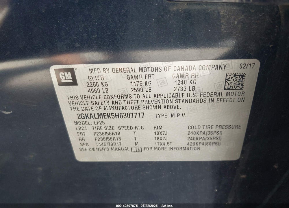 2017 GMC TERRAIN VIN: 2GKALMEK5H6307717