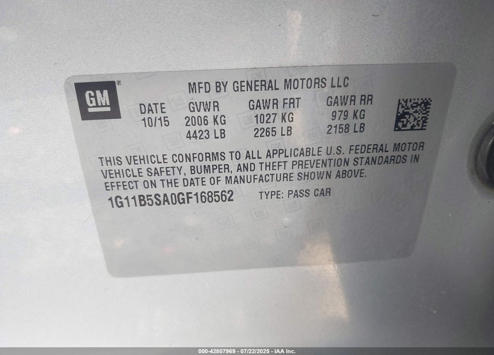 2016 CHEVROLET MALIBU LIMITED VIN: 1G11B5SA0GF168562