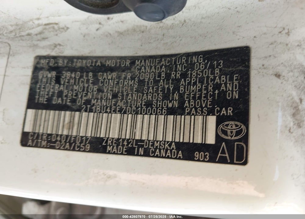 2013 TOYOTA COROLLA VIN: 2T1BU4EE7DC100066
