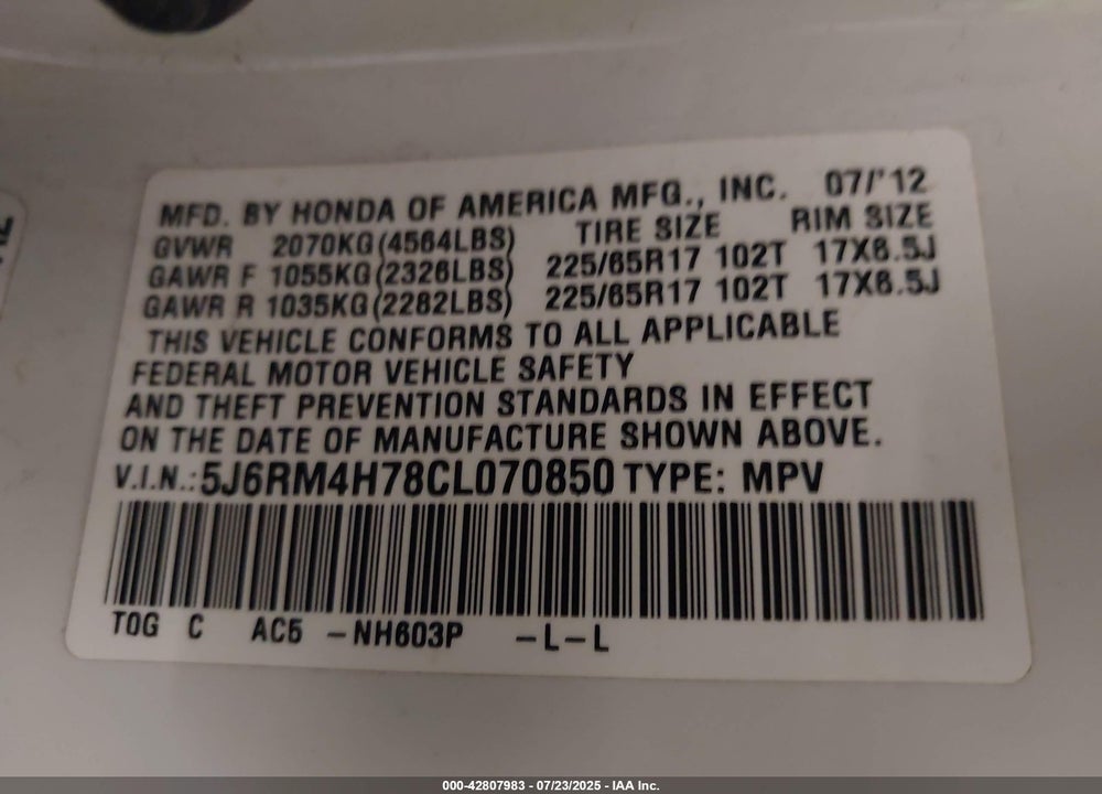 2012 HONDA CR-V VIN: 5J6RM4H78CL070850