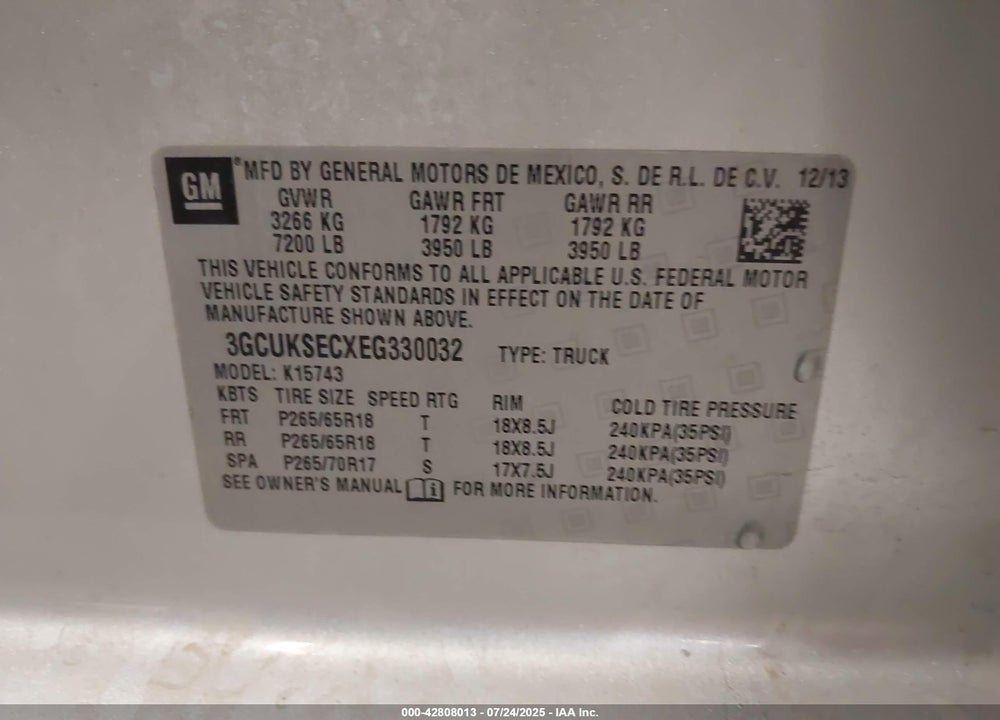 2014 CHEVROLET SILVERADO 1500 VIN: 3GCUKSECXEG330032