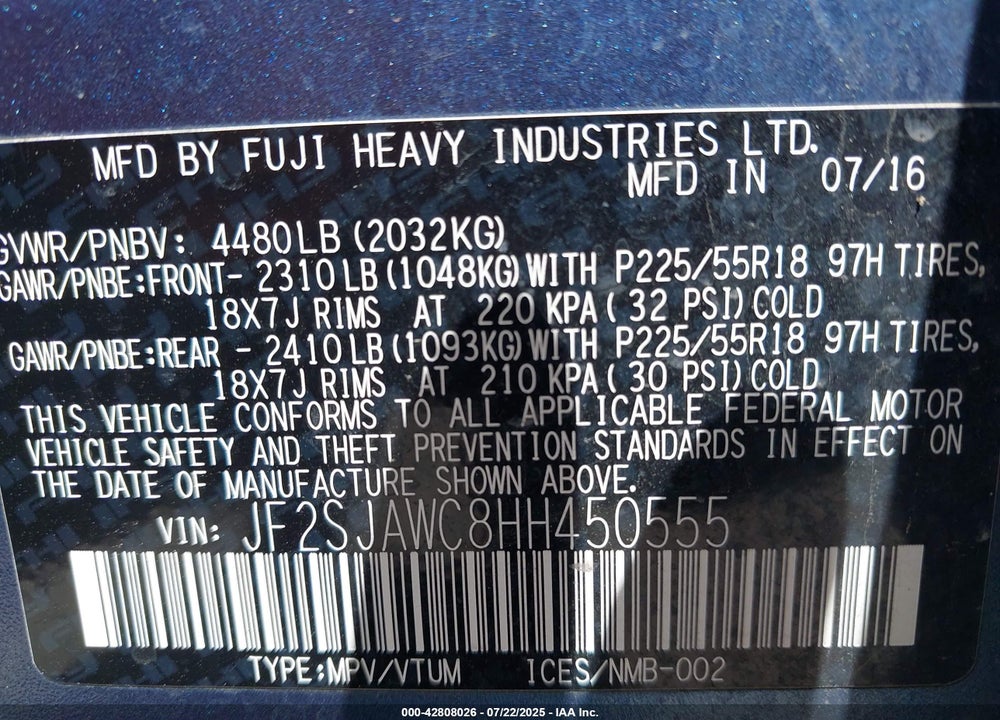 2017 SUBARU FORESTER VIN: JF2SJAWC8HH450555