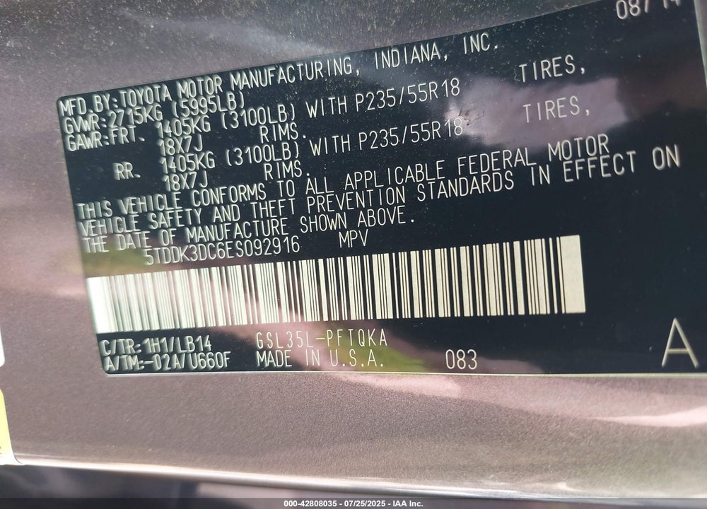 2014 TOYOTA SIENNA XLE 7 PASSENGER VIN: 5TDDK3DC6ES092916