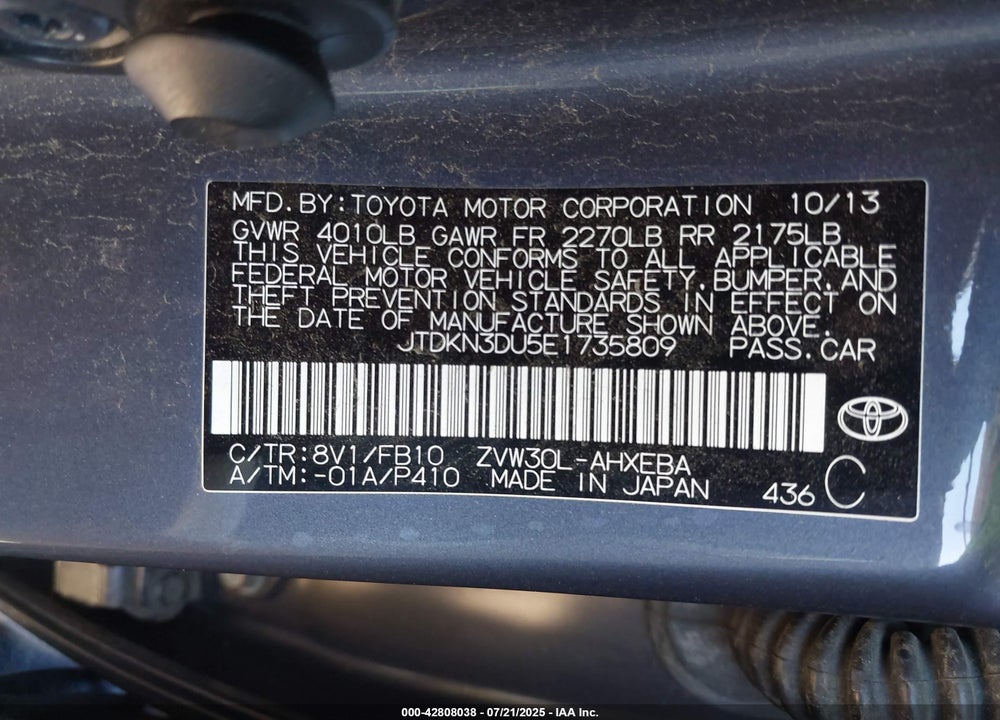 2014 TOYOTA PRIUS VIN: JTDKN3DU5E1735809