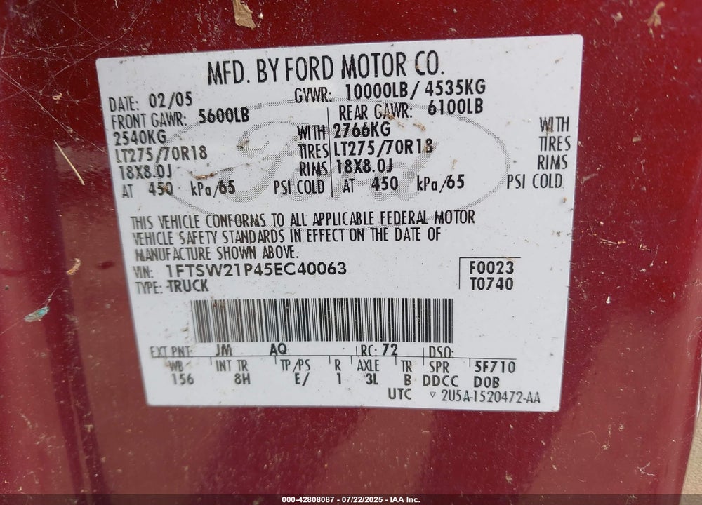 2005 FORD F-250 LARIAT/XL/XLT VIN: 1FTSW21P45EC40063