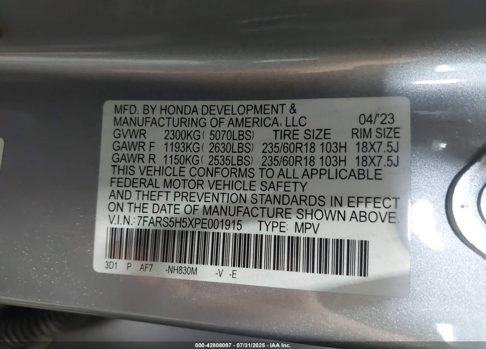 2023 HONDA CR-V HYBRID SPORT VIN: 7FARS5H5XPE001915