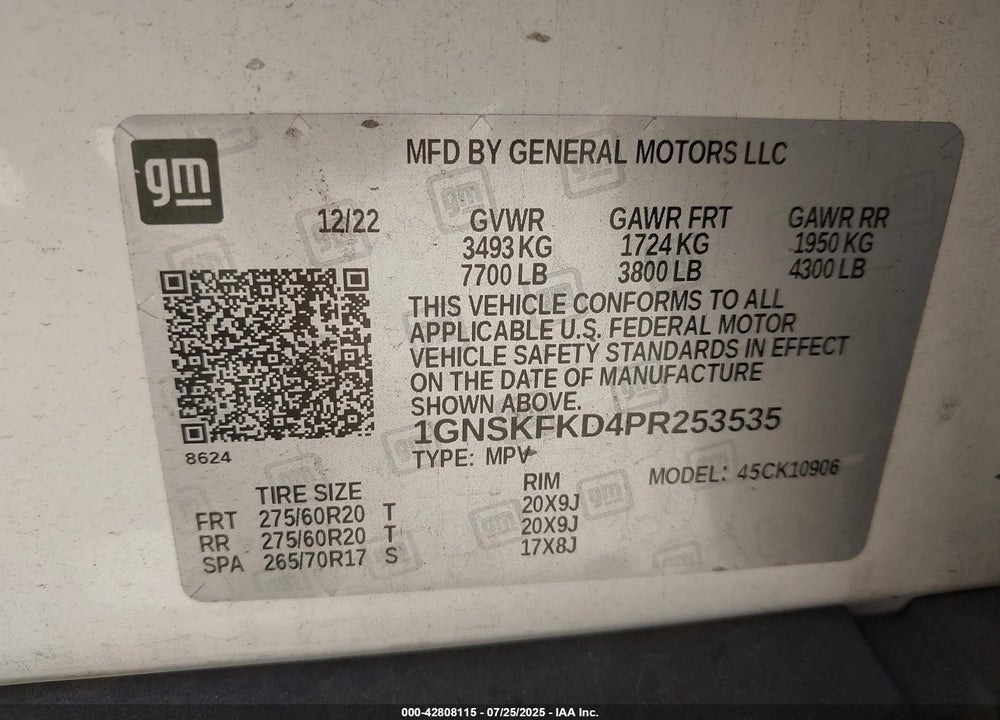 2023 CHEVROLET SUBURBAN VIN: 1GNSKFKD4PR253535