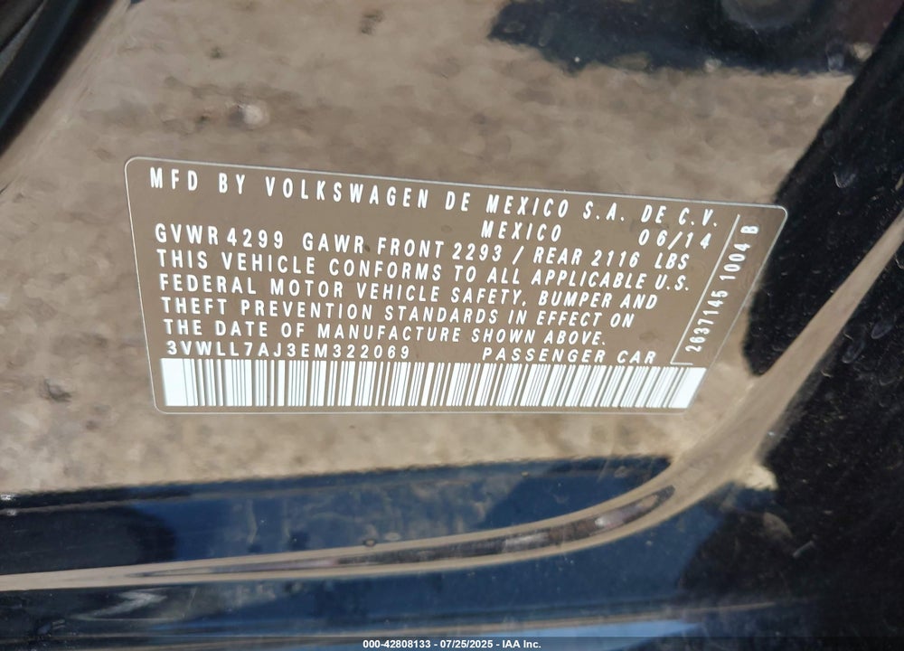 2014 VOLKSWAGEN JETTA VIN: 3VWLL7AJ3EM322069