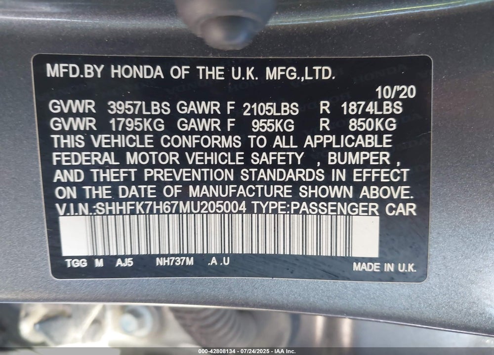 2021 HONDA CIVIC VIN: SHHFK7H67MU205004