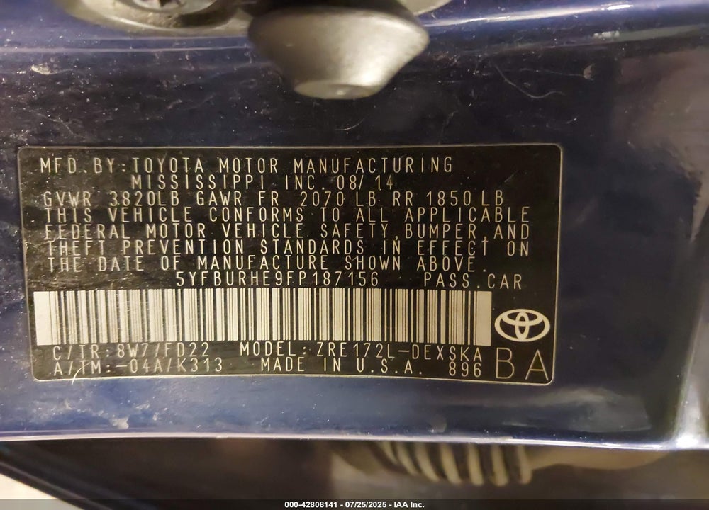 2015 TOYOTA COROLLA VIN: 5YFBURHE9FP187156