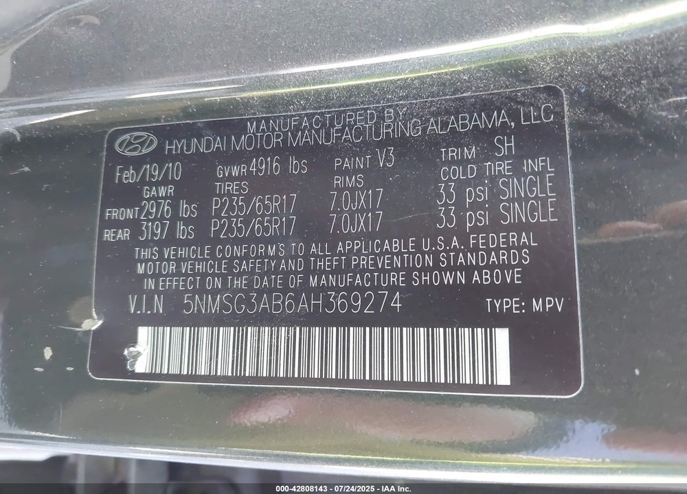 2010 HYUNDAI SANTA FE GLS VIN: 5NMSG3AB6AH369274