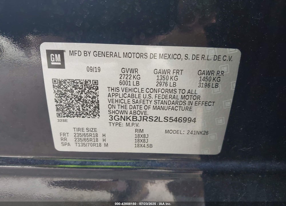 2020 CHEVROLET BLAZER VIN: 3GNKBJRS2LS546994