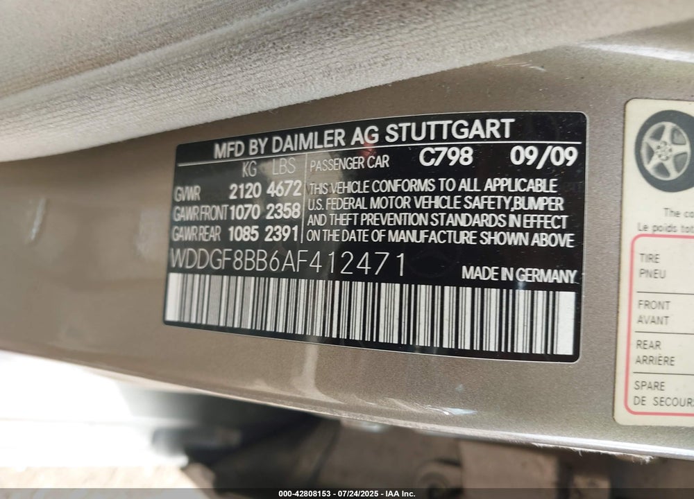 2010 MERCEDES-BENZ C CLASS VIN: WDDGF8BB6AF412471