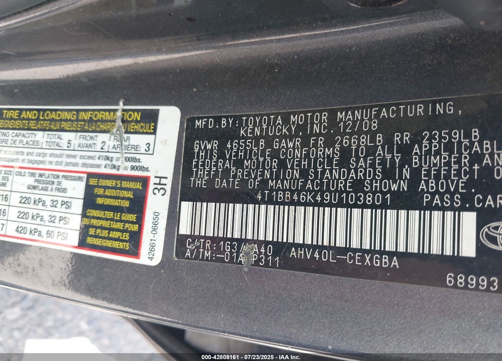 2009 TOYOTA CAMRY HYBRID VIN: 4T1BB46K49U103801