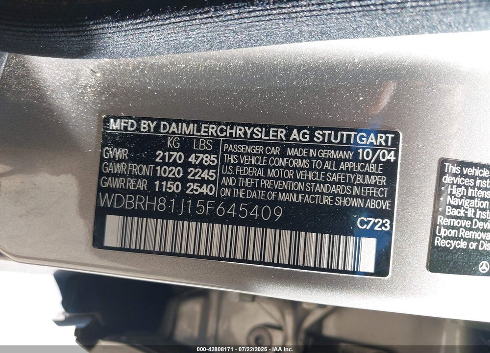 2005 MERCEDES-BENZ C 240 VIN: WDBRH81J15F645409