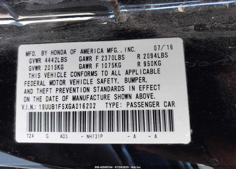 2016 ACURA TLX VIN: 19UUB1F5XGA016202