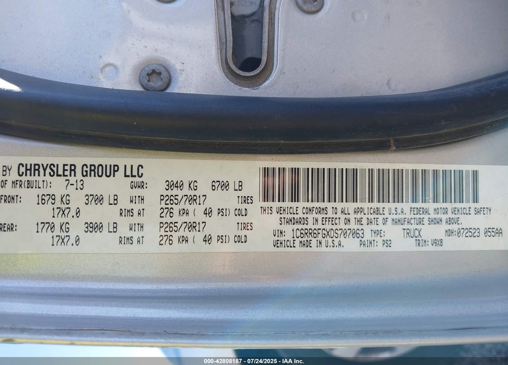 2013 RAM 1500 VIN: 1C6RR6FGXDS707063