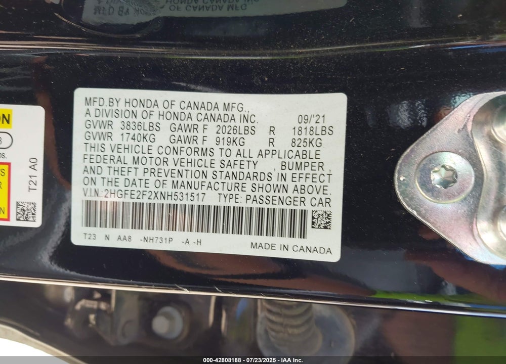 2022 HONDA CIVIC VIN: 2HGFE2F2XNH531517