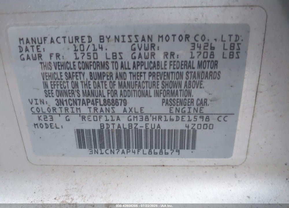2015 NISSAN VERSA VIN: 3N1CN7AP4FL868679