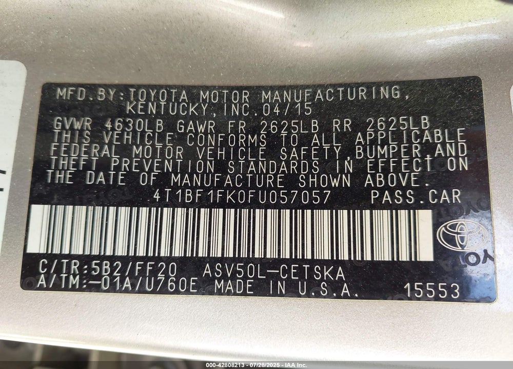 2015 TOYOTA CAMRY VIN: 4T1BF1FK0FU057057