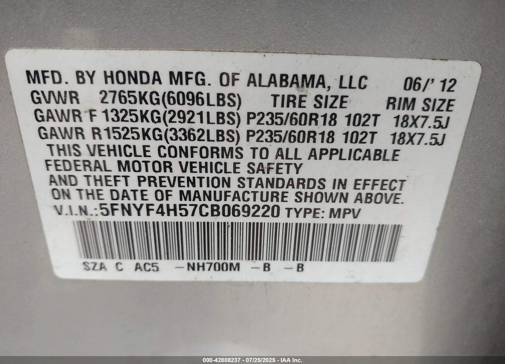 2012 HONDA PILOT VIN: 5FNYF4H57CB069220