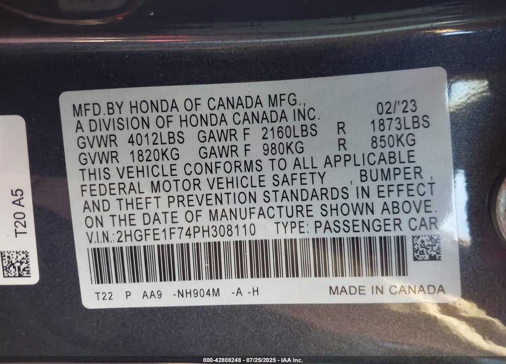 2023 HONDA CIVIC VIN: 2HGFE1F74PH308110