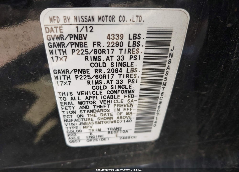 2012 NISSAN ROGUE VIN: JN8AS5MT6CW607140