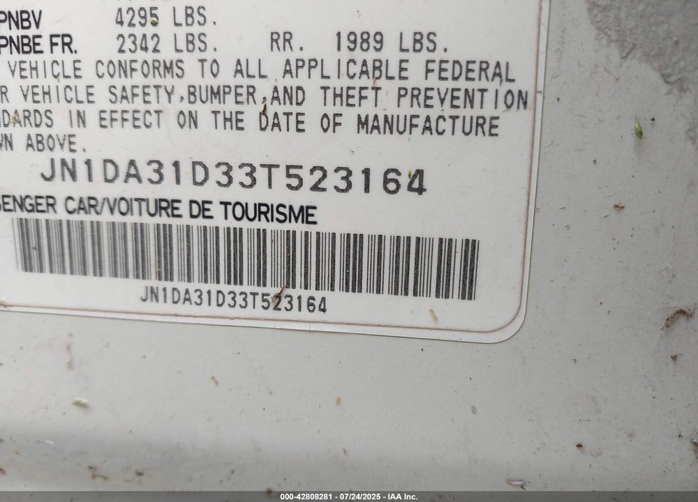 2003 NISSAN MAXIMA SE VIN: JN1DA31D33T523164
